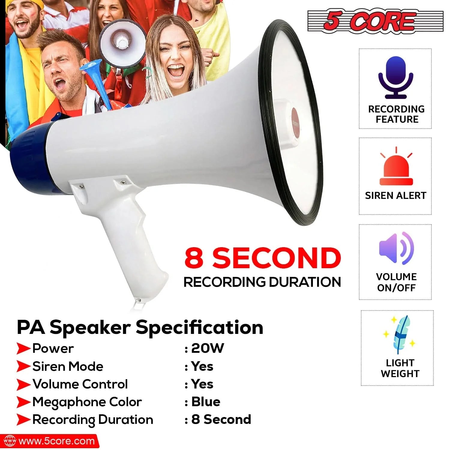 5Core Megaphone Bullhorn Speaker 20W Bull Horn Battery Power Cheer Megafono Loudspeaker