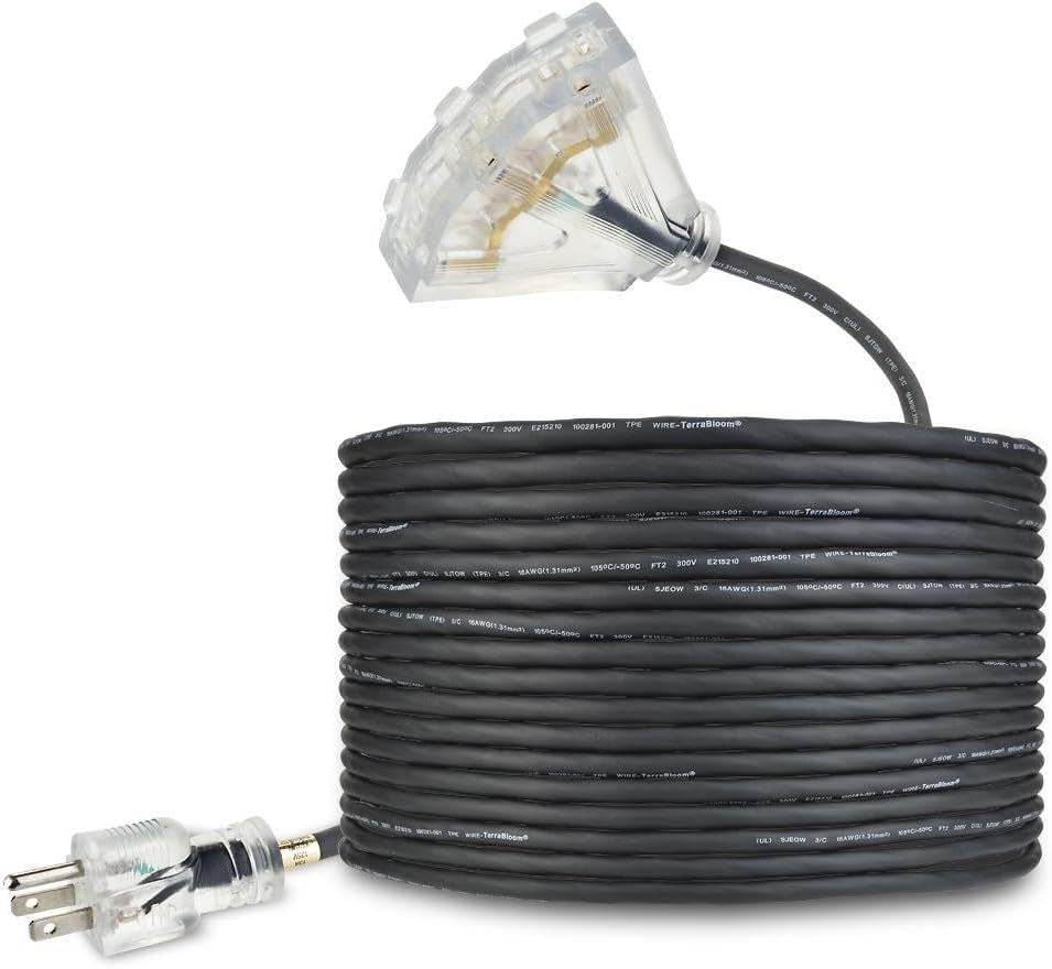 16/3 Heavy Duty Extension Cord 50 FT Outdoor - Black Outdoor Extension Cord Multiple Outlet - Ultra-Flexible SJEOW Rubber, Light Indicator, Triple Outlet for Maximum Efficiency - 13 Amp