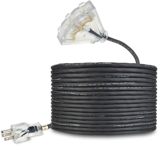 16/3 Heavy Duty Extension Cord 50 FT Outdoor - Black Outdoor Extension Cord Multiple Outlet - Ultra-Flexible SJEOW Rubber, Light Indicator, Triple Outlet for Maximum Efficiency - 13 Amp