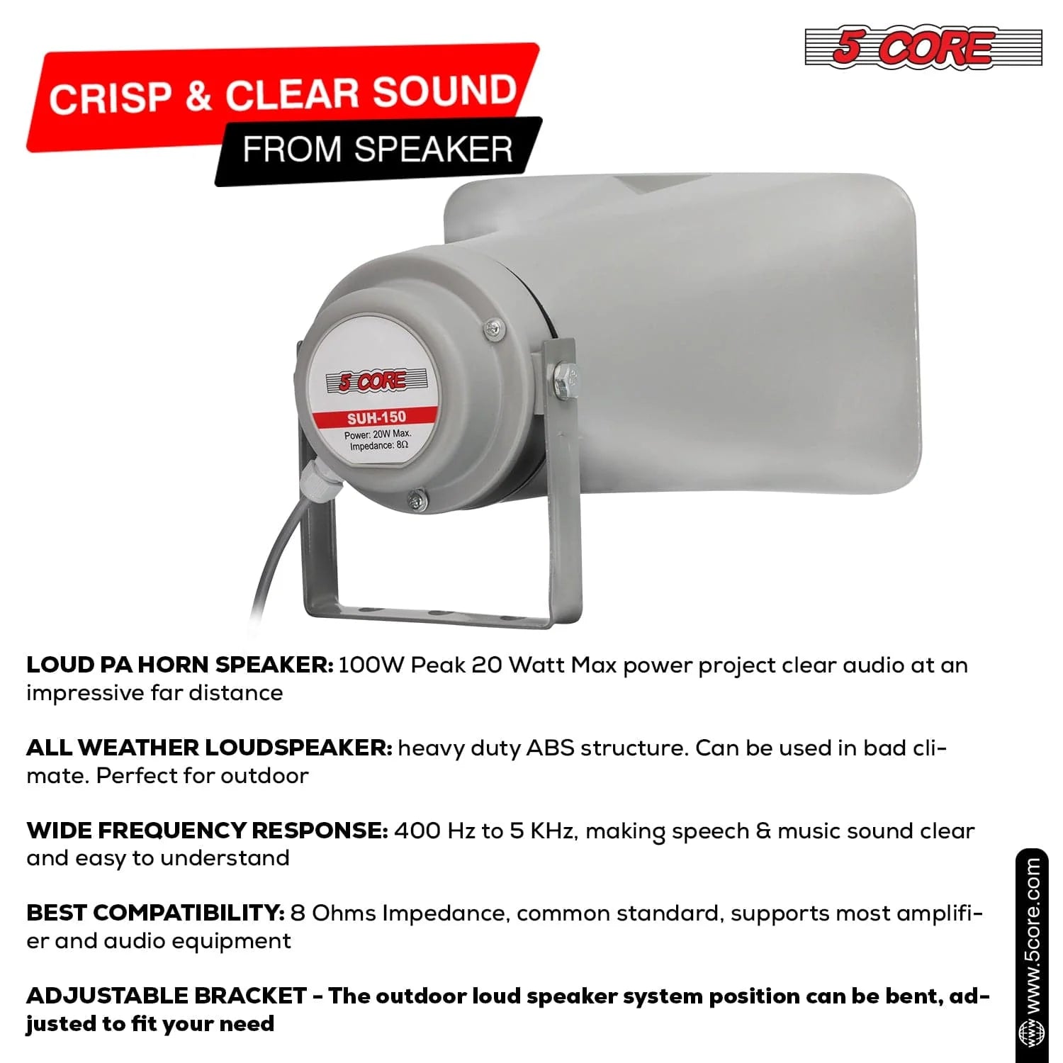 5 Core PA Horn Speaker Outdoor 6" X 10" Siren Loudspeaker 200W PMPO Loud Driver Horn